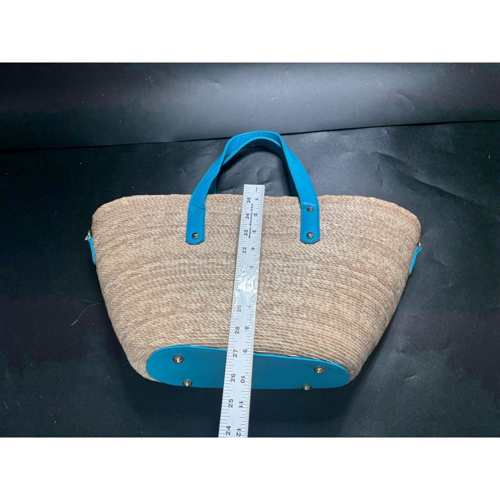 By Del Rio Woven‎ Straw Tote Bag Turquoise Blue Trim Crossbody Strap Sustainable - Picture 6 of 8